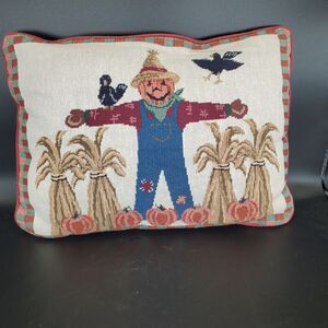 Vintage Fall Scarecrow Pillow Needlepoint 17x12.5 Harvest Autumn Decor
